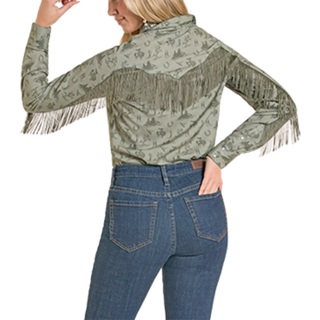 Rock & Roll Denim Women's Desert Print Fringe Long Sleeve Snap Shirt - Image 2