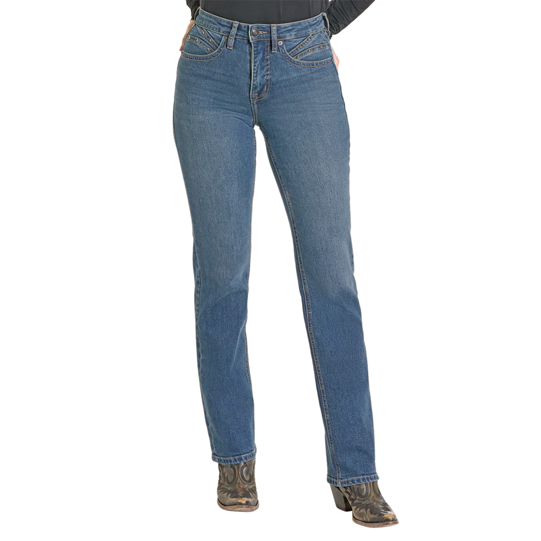 Rock & Roll Denim Women's High Rise Studded Pocket Modest Bootcut Jeans - Image 3