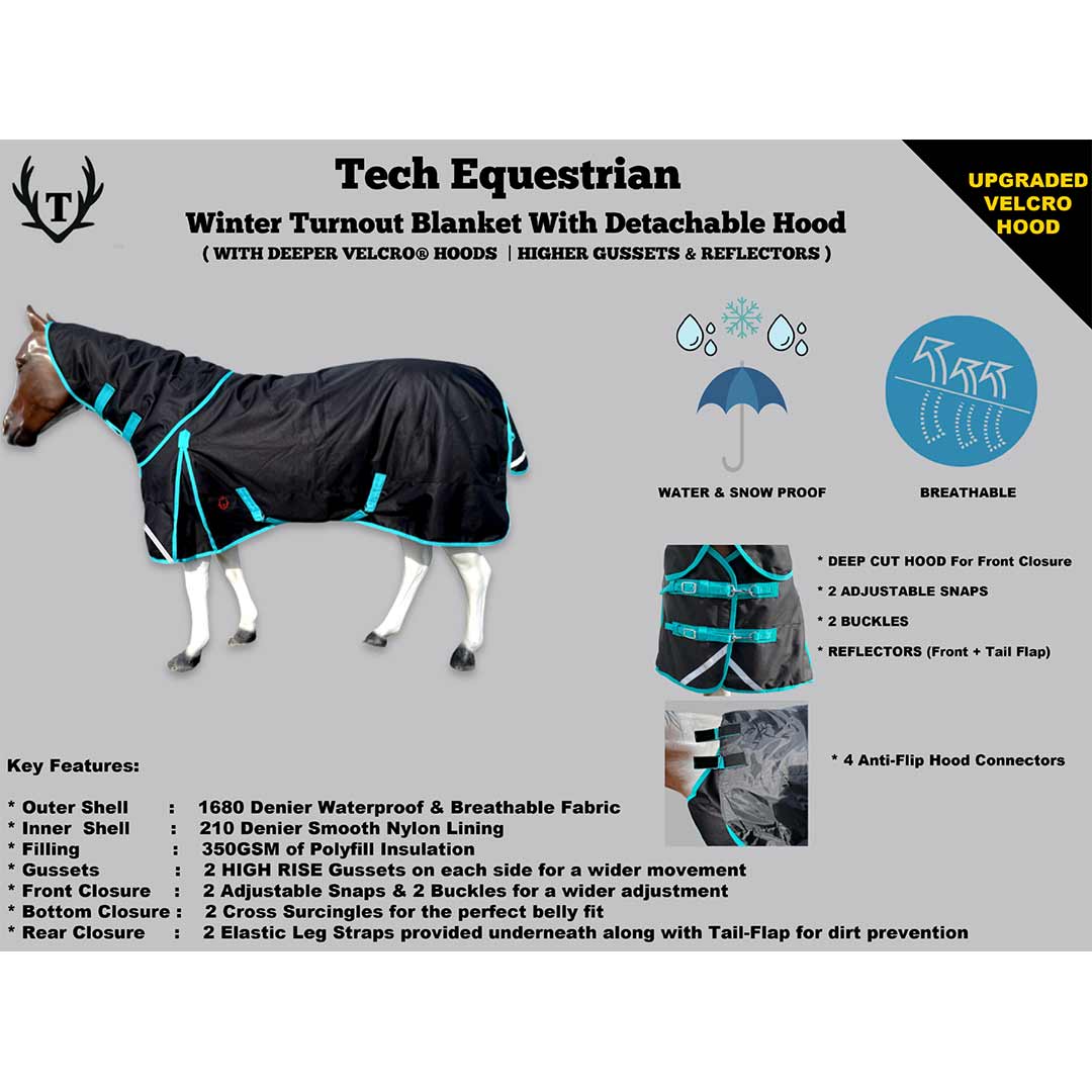 Tech Equestrian Winter Turnout Blanket With Detachable Hood - 350GSM - Image 5
